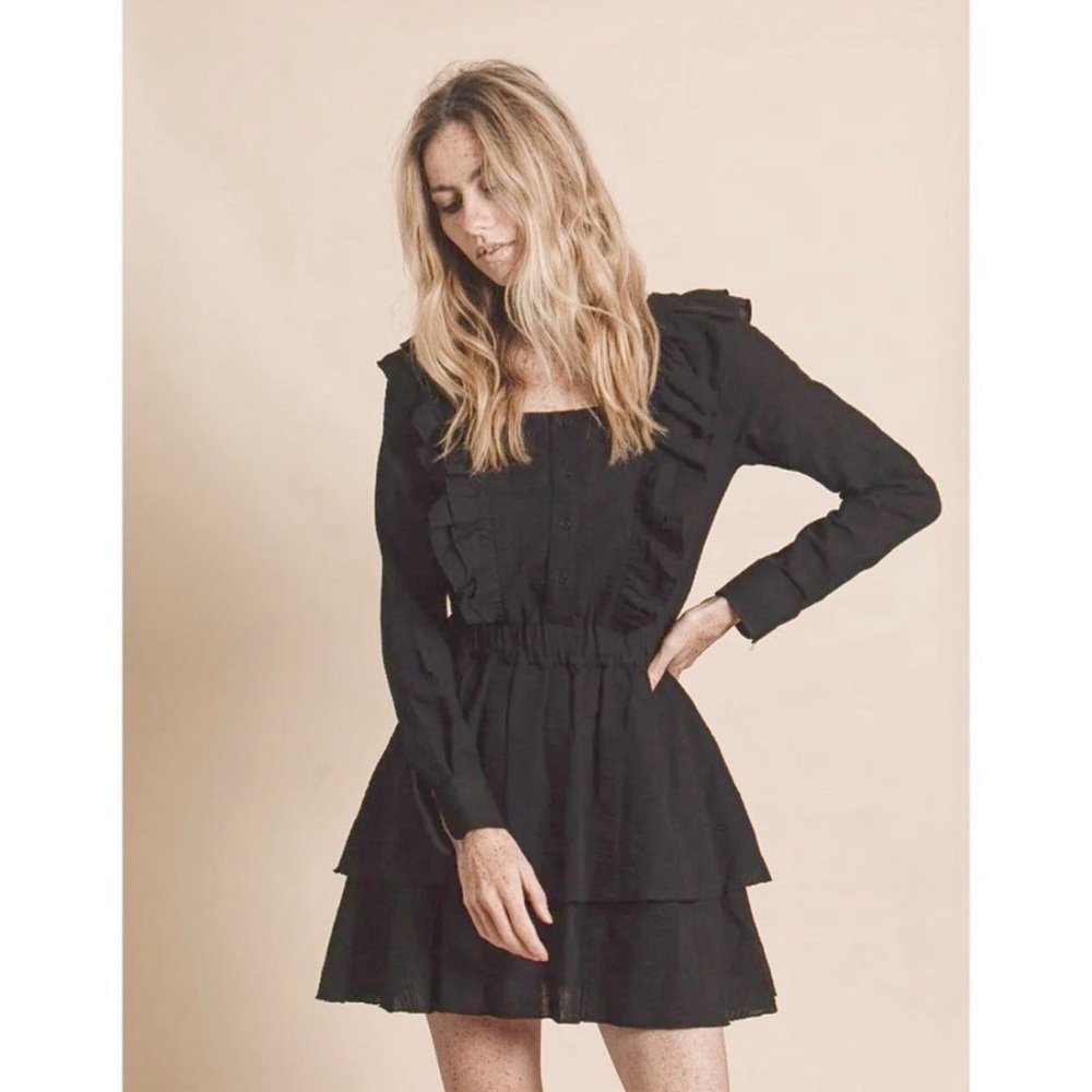 The Shirt by Rochelle Behrens Black Long Sleeve Tiered Ruffle Dress Medium NWT